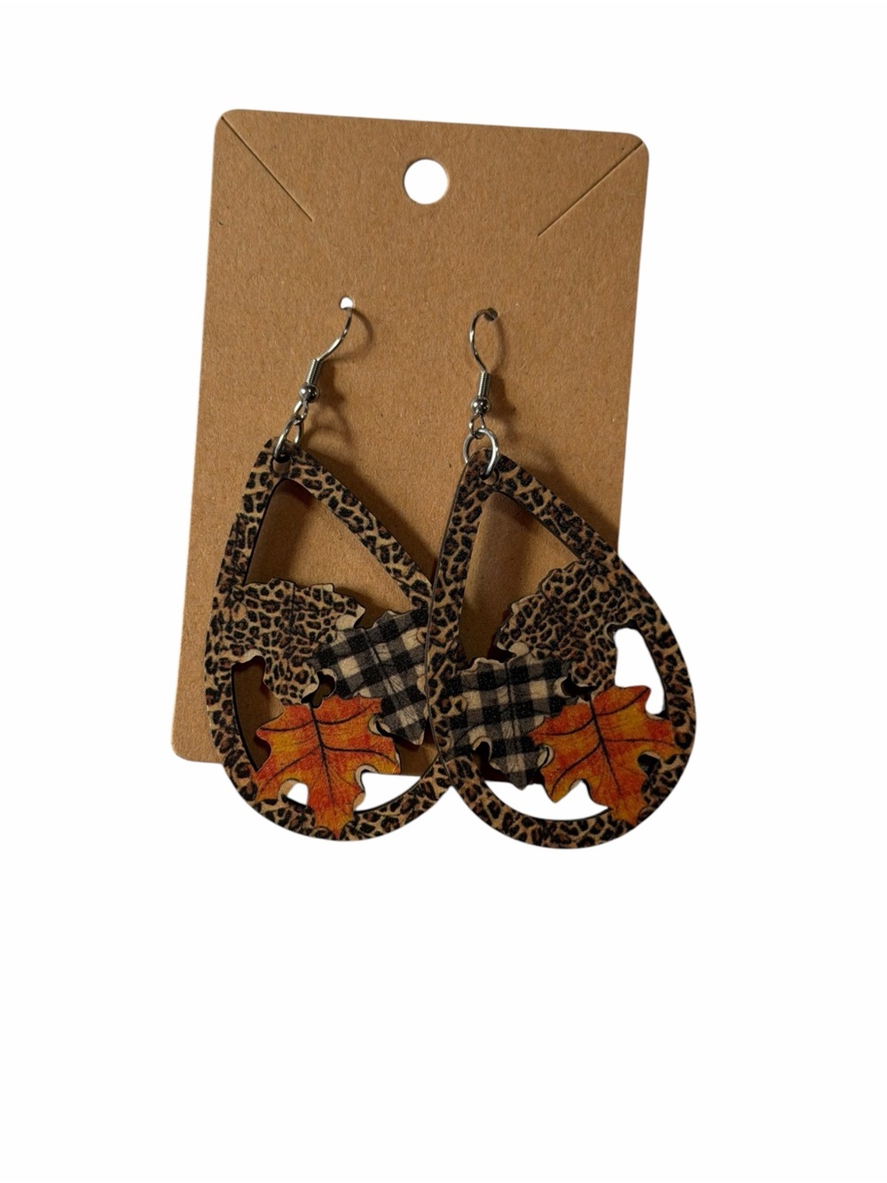Leopard Print Teardrop Earrings with Orange Leaf Accent
